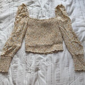 Reformation Smocked Floral Puff-Sleeve Top - Cream/Mustard